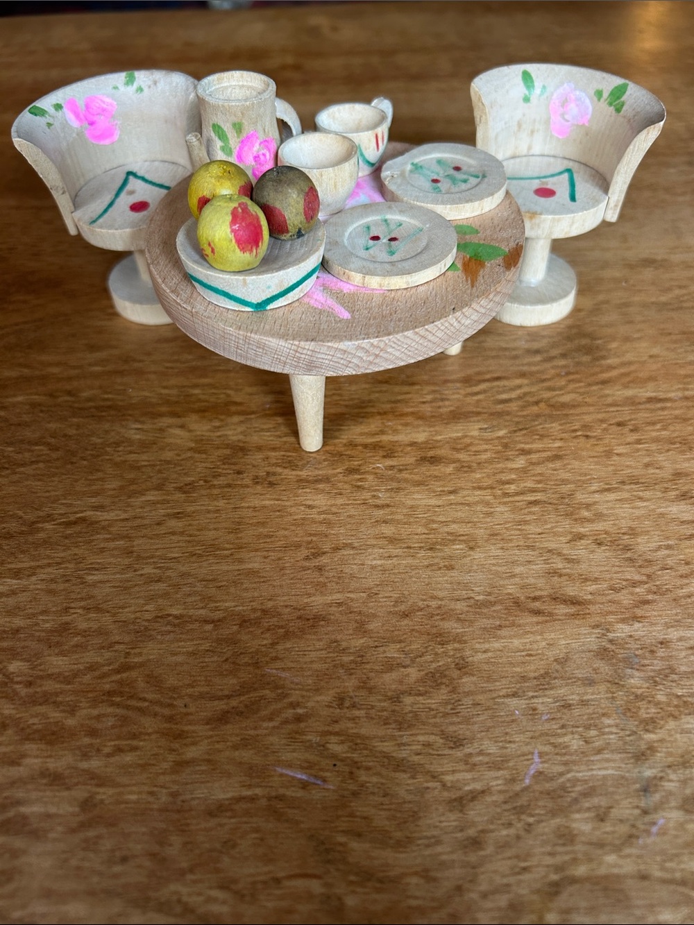 VTG 60s Hand-Painted Wooden Dollhouse Tea Set Japan Tulip Table Tea Ceremony